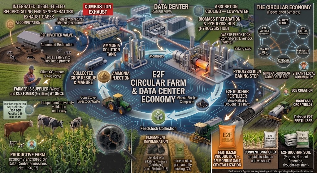 E2F invented by Larry M. Shultz — data center pollution and water solution diagram: E2F converts AI data center power-generator exhaust (diesel and natural-gas engines and turbines) and waste heat into ammonium-salt fertilizer, mineral-biochar, and absorption cooling that draws no evaporative water for a circular farm and data center economy.